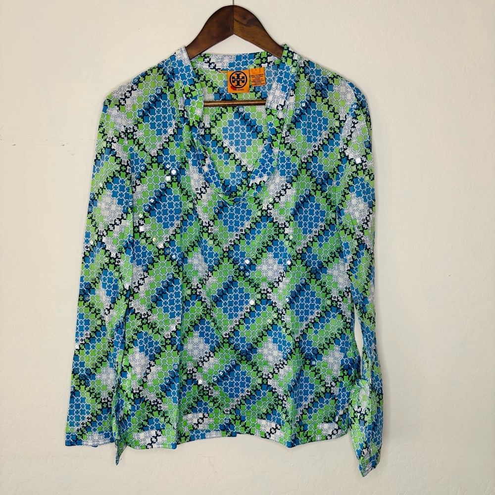 Tory Burch Blue and Green Patterned‎ Top Size 8 Cotton Sequin Long Sleeve